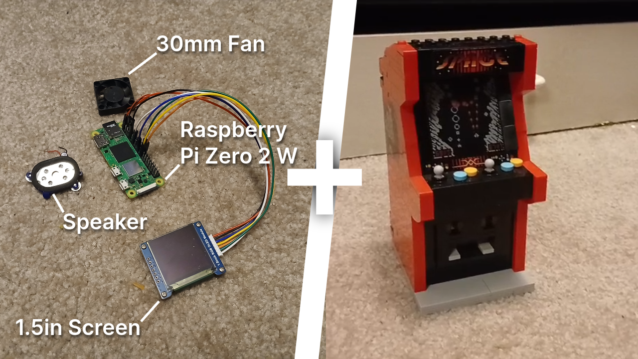 Left: Raspberry Pi Zero 2 W, 30mm fan, Speaker, 1.5-inch screen. Left: LEGO arcade cabinet